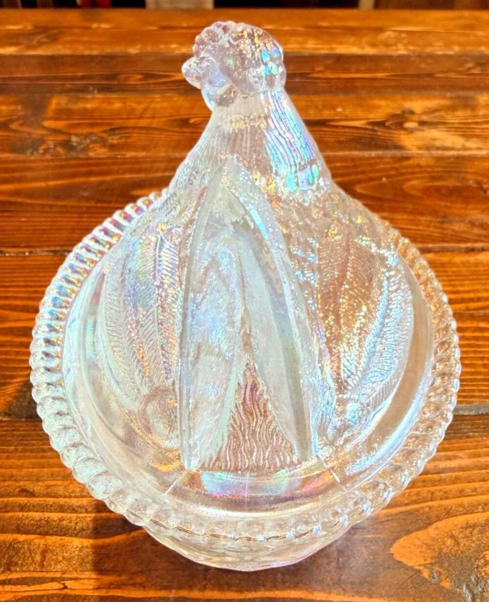 Vintage Moser Glass Clear Iridescent Hen Nest Covered Dish Carnival Farm Decor